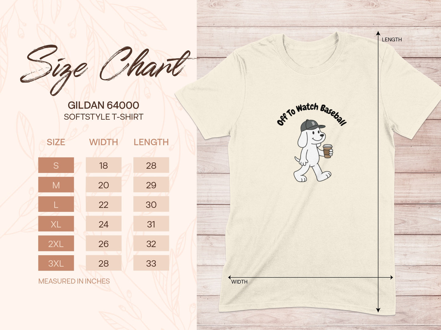 Gildan 64000 size chart with cartoon dog and baseball text.