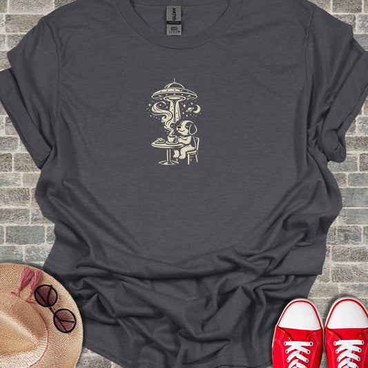 Dog Enjoying Coffee Under UFO Fun Graphic T-Shirt