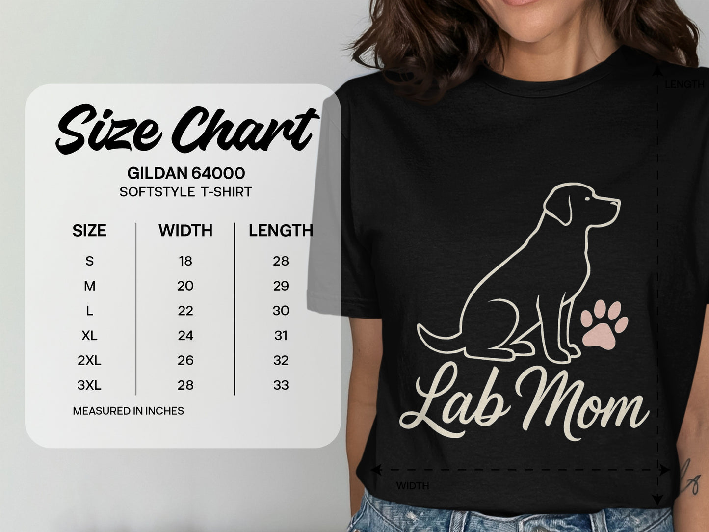 Lab Mom Graphic Tee with Size Chart Information