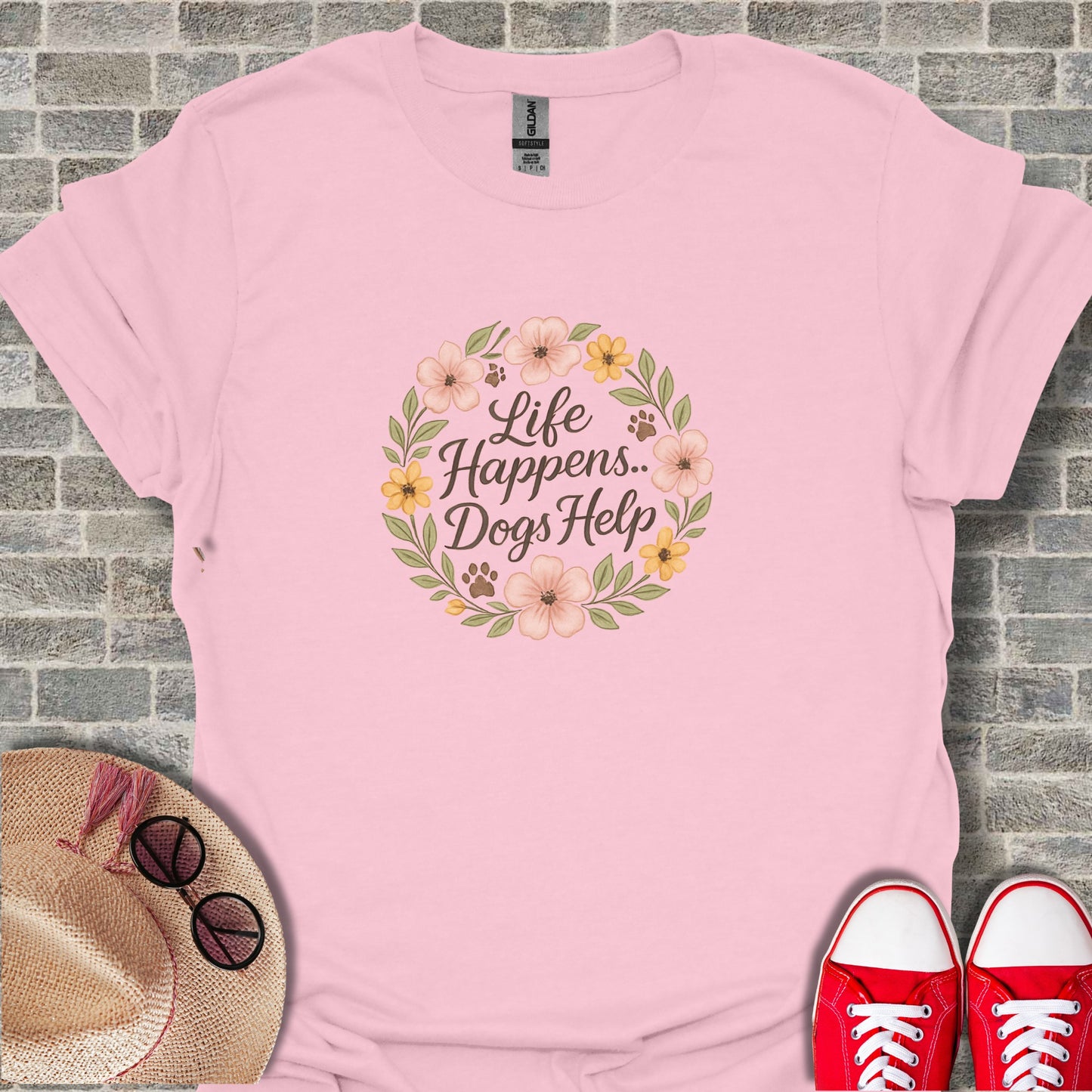 Life Happens Dogs Help Floral Graphic T-Shirt