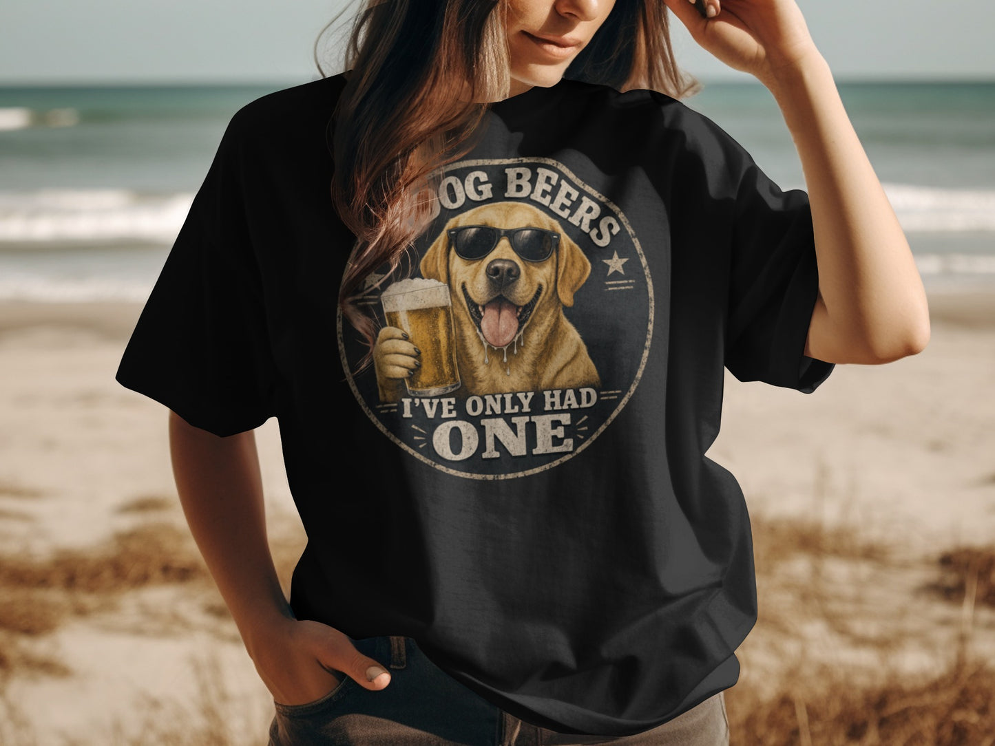 Black t-shirt with graphic of a golden retriever wearing sunglasses holding a beer.