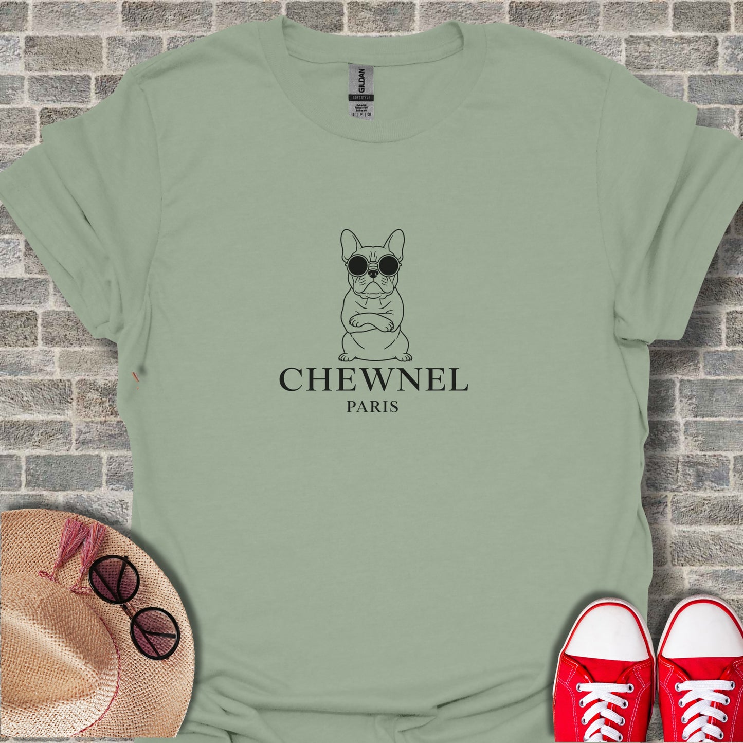 Chewnel parody design T-shirt with dog wearing glasses