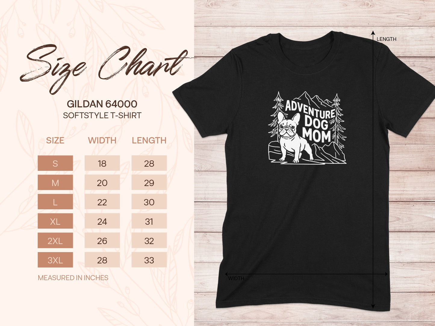 Gildan 64000 size chart for softstyle t-shirt with "Adventure Dog Mom" graphic.