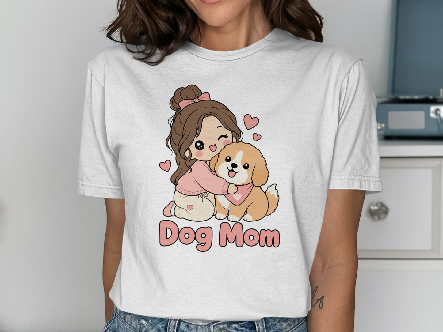Chibi girl hugging a dog with "Dog Mom" text and pink hearts.