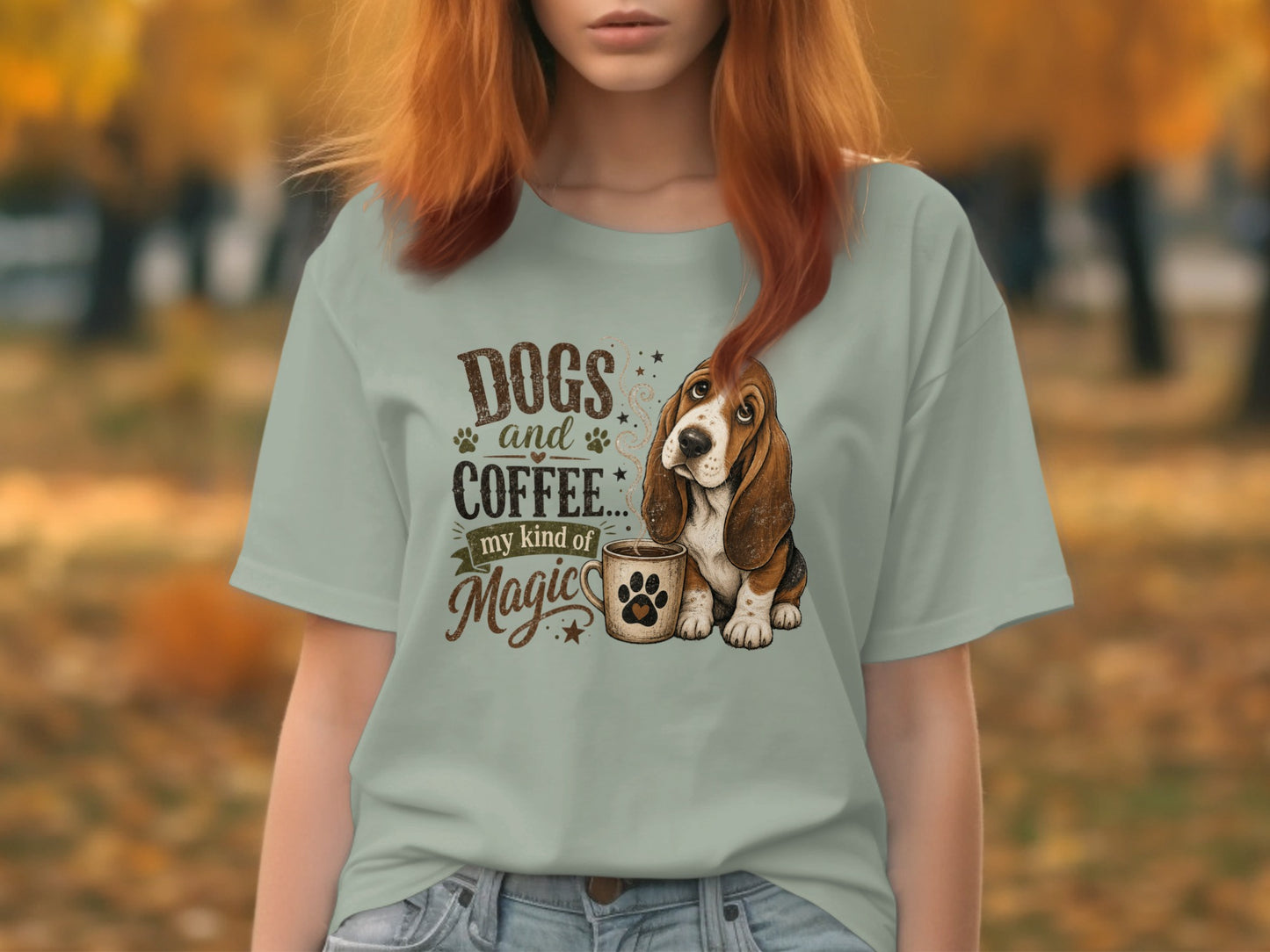Basset hound and coffee cup with text "DOGS and COFFEE... my kind of MAGIC".