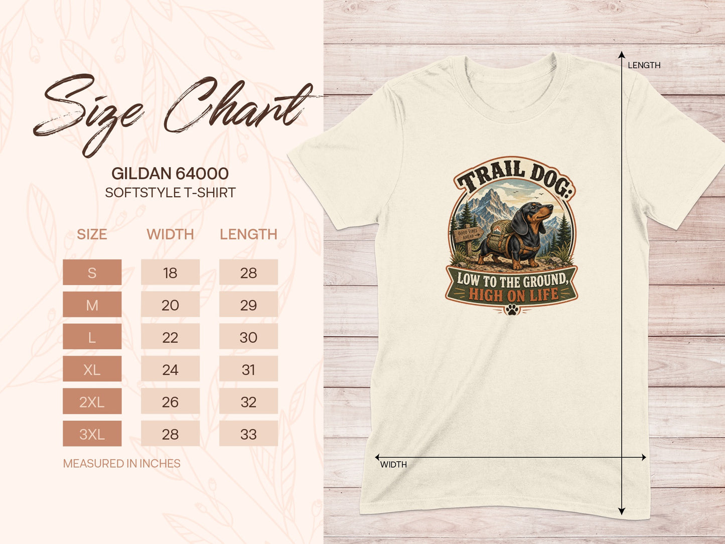 Gildan 64000 size chart with trail dog graphic, listing shirt measurements.
