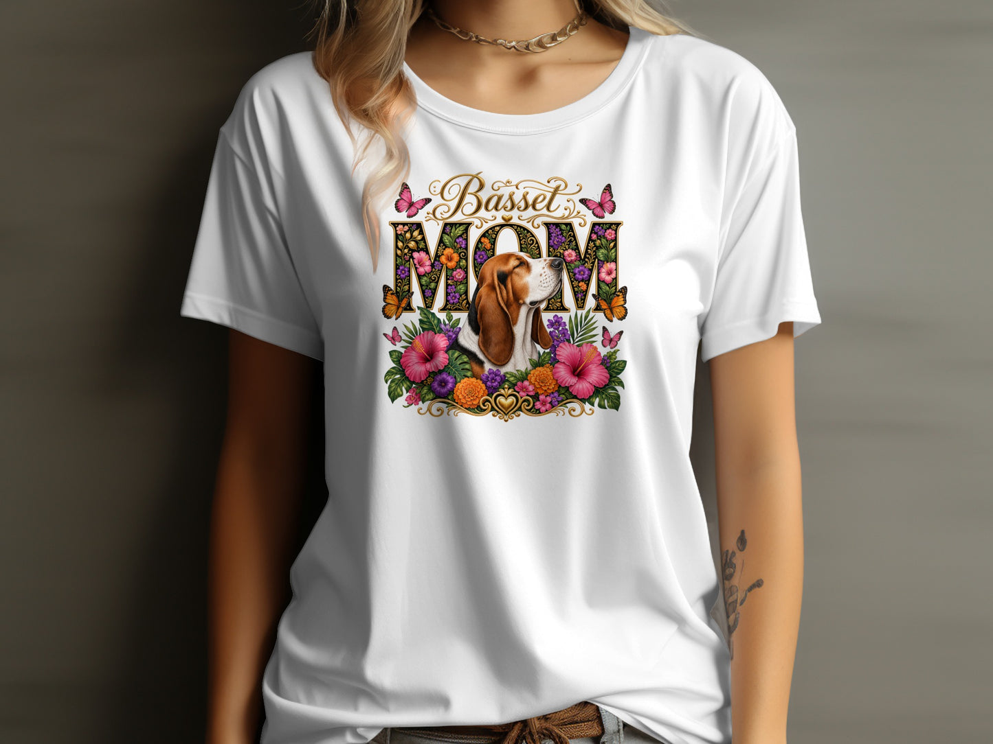 "Basset Mom" text over floral design with beagle and butterflies on white t-shirt.