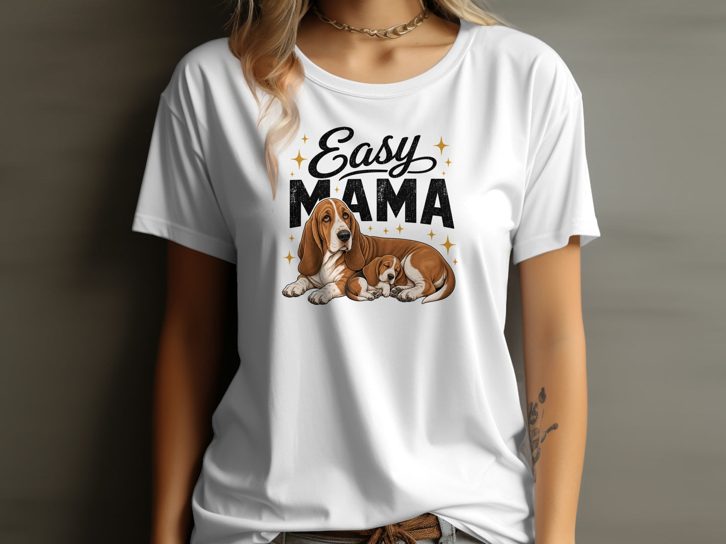 White t-shirt with "Easy Mama" text and two Basset Hounds.