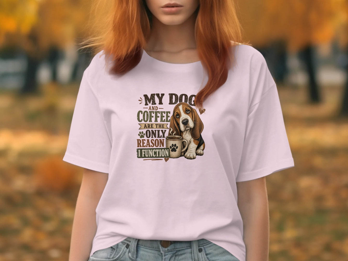 T-shirt with "My dog and coffee are the only reason I function" text and a beagle.
