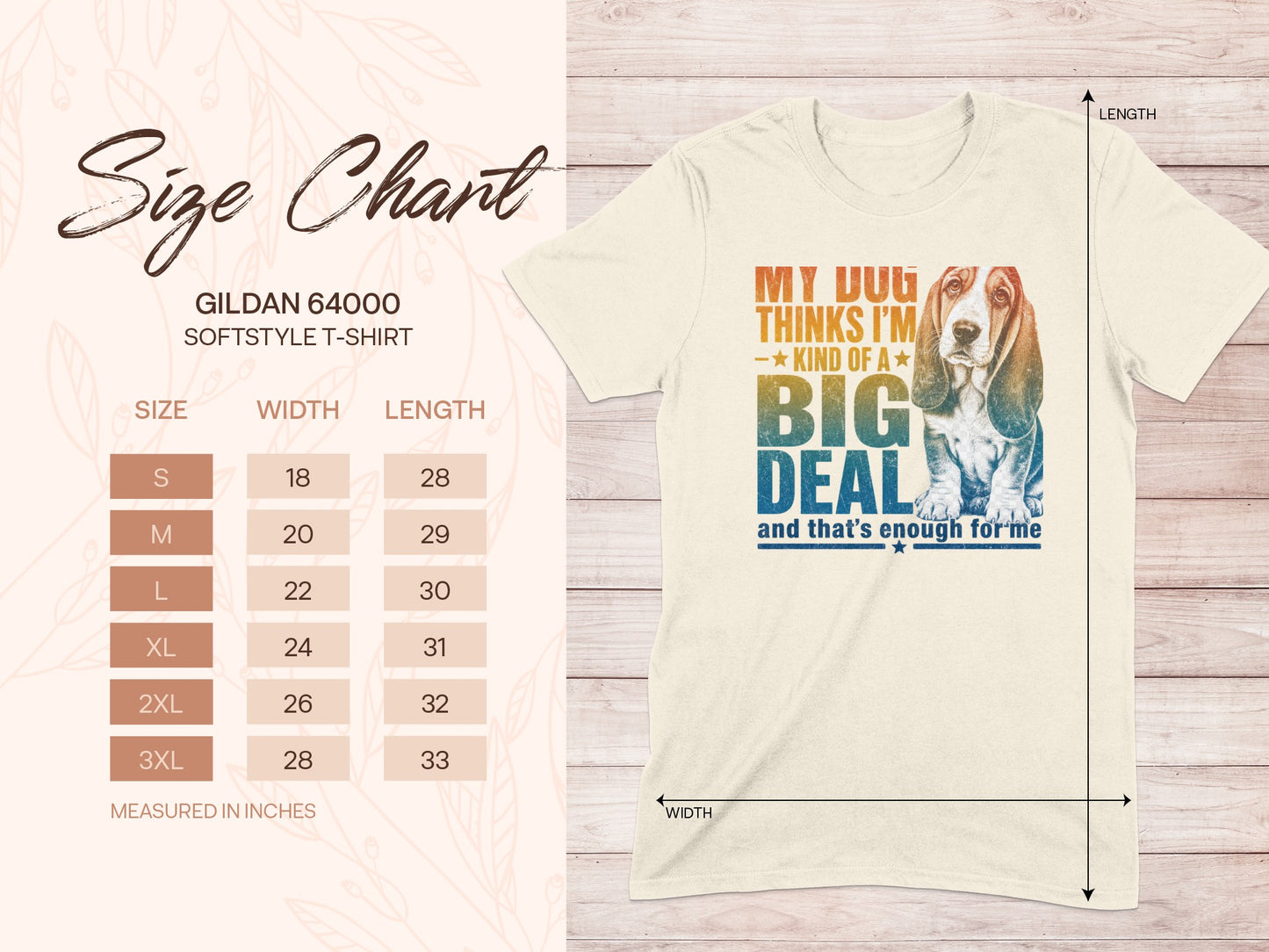 Gildan 64000 Softstyle t-shirt size chart with a basset hound graphic.