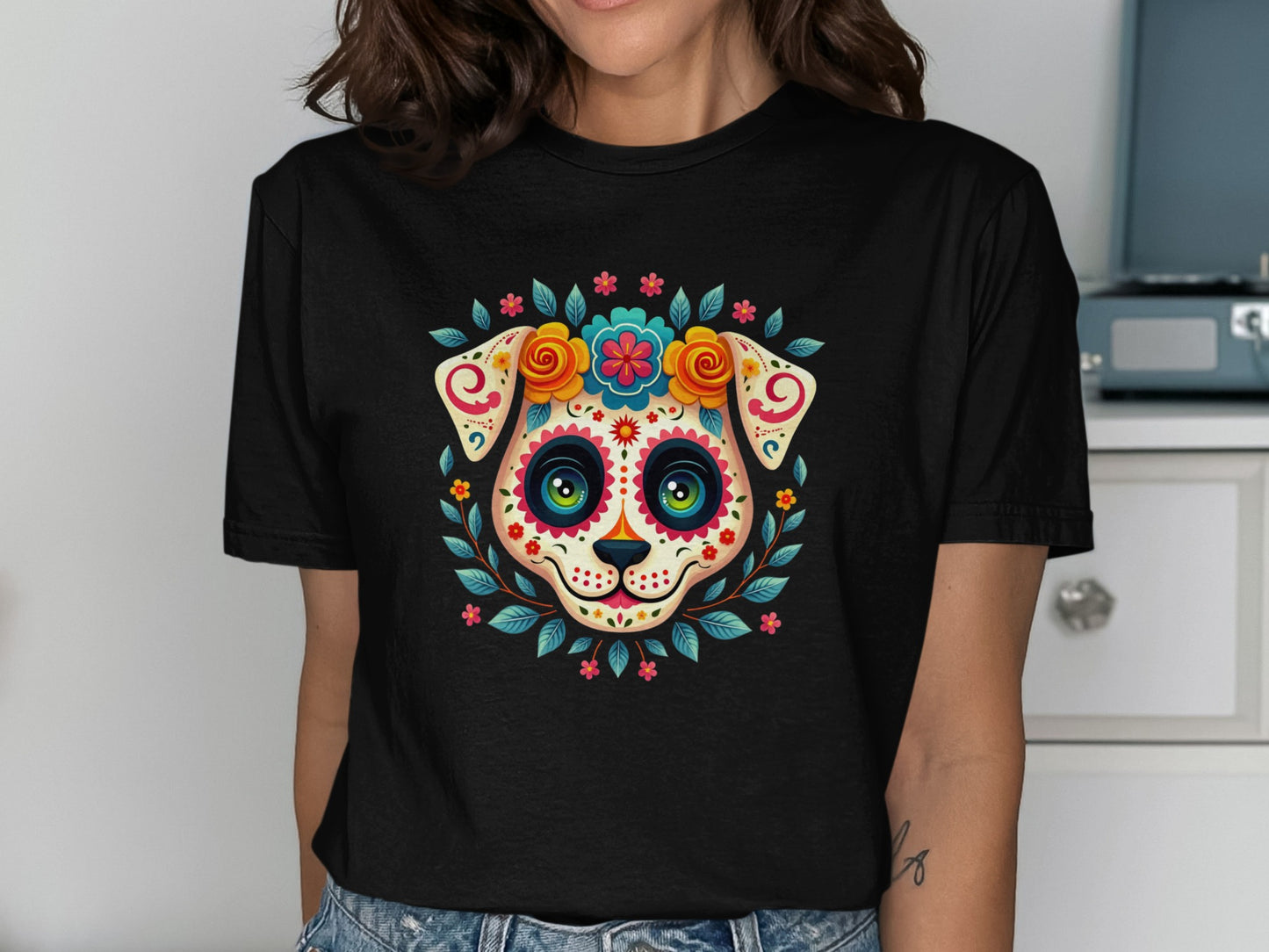 Colorful Dog Sugar Skull Design Graphic Tee product