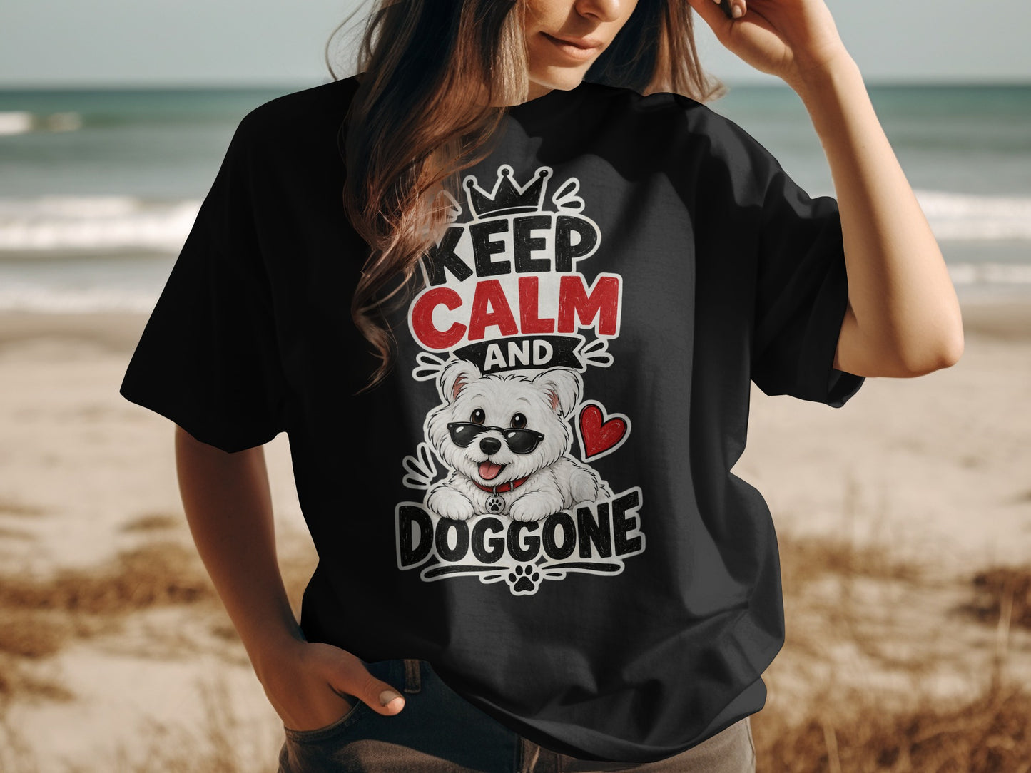 Black t-shirt with "Keep Calm and Doggone" text and a dog wearing sunglasses.