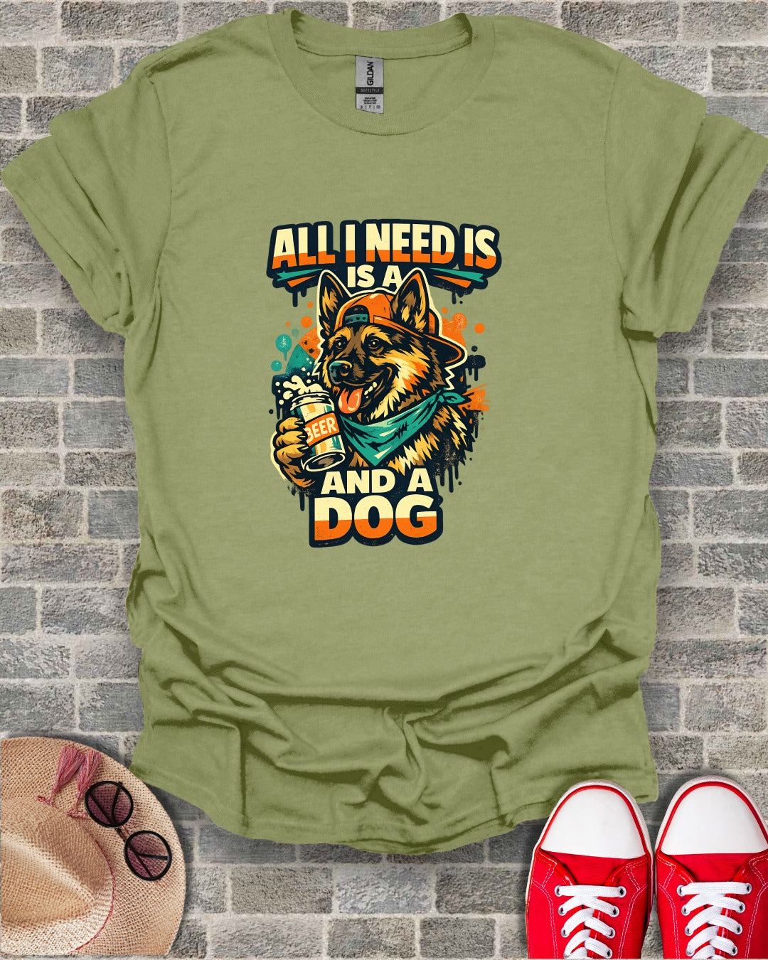 ALL I NEED IS A BEER AND A DOG Fun Graphic T-Shirt