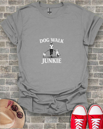 Gray t-shirt with "Dog Walk Junkie" text and two dogs.