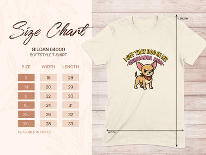 Gildan 64000 softstyle t-shirt size chart with dog graphic.
