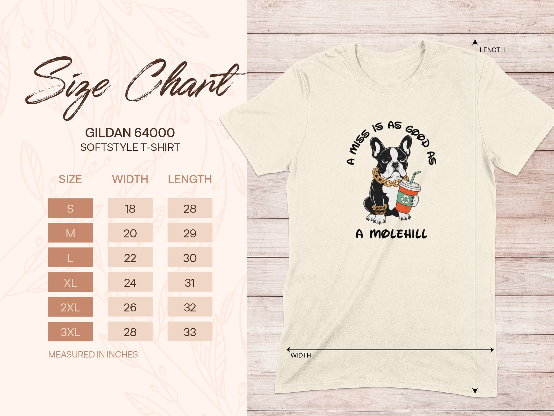 Gildan 64000 size chart for softstyle t-shirt with dog graphic.