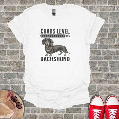 White t-shirt with dachshund, "Chaos Level 100%" text.
