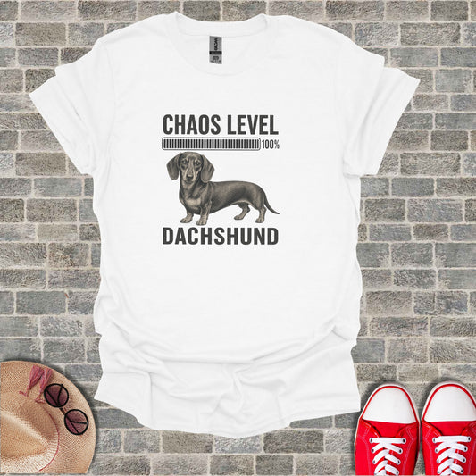 White t-shirt with dachshund, "Chaos Level 100%" text.