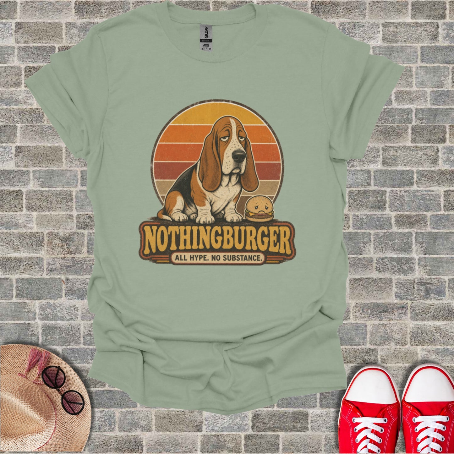 Basset hound wearing a crown sits next to a hamburger, text reads "NOTHINGBURGER".