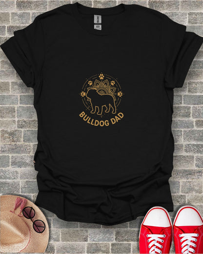 Black t-shirt with "BULLDOG DAD" text and a circular mandala design.