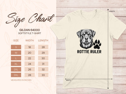 Gildan 64000 softstyle t-shirt size chart with Rottie Ruler graphic.