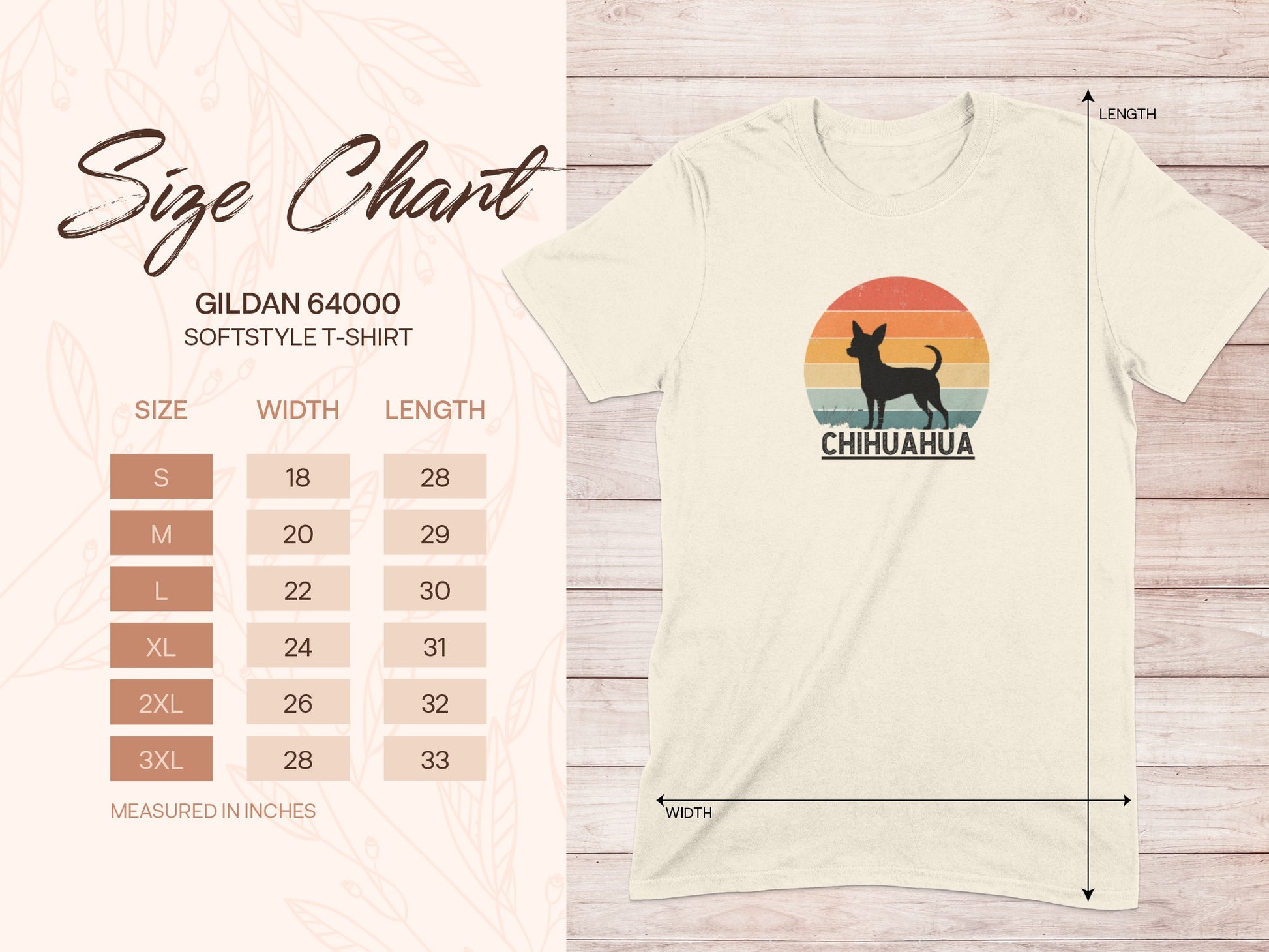 Gildan 64000 size chart for Softstyle T-shirt with Chihuahua graphic.