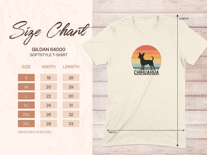 Gildan 64000 size chart for Softstyle T-shirt with Chihuahua graphic.