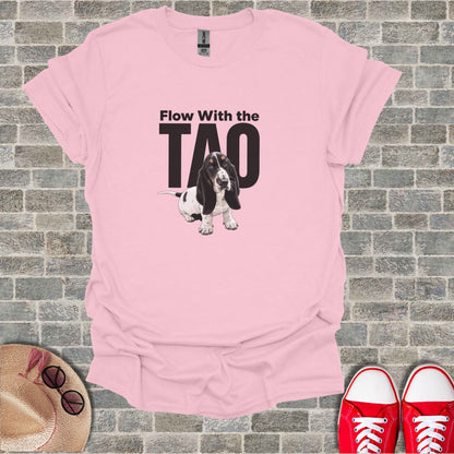 Pink t-shirt with "Flow With The Tao" and a basset hound graphic.