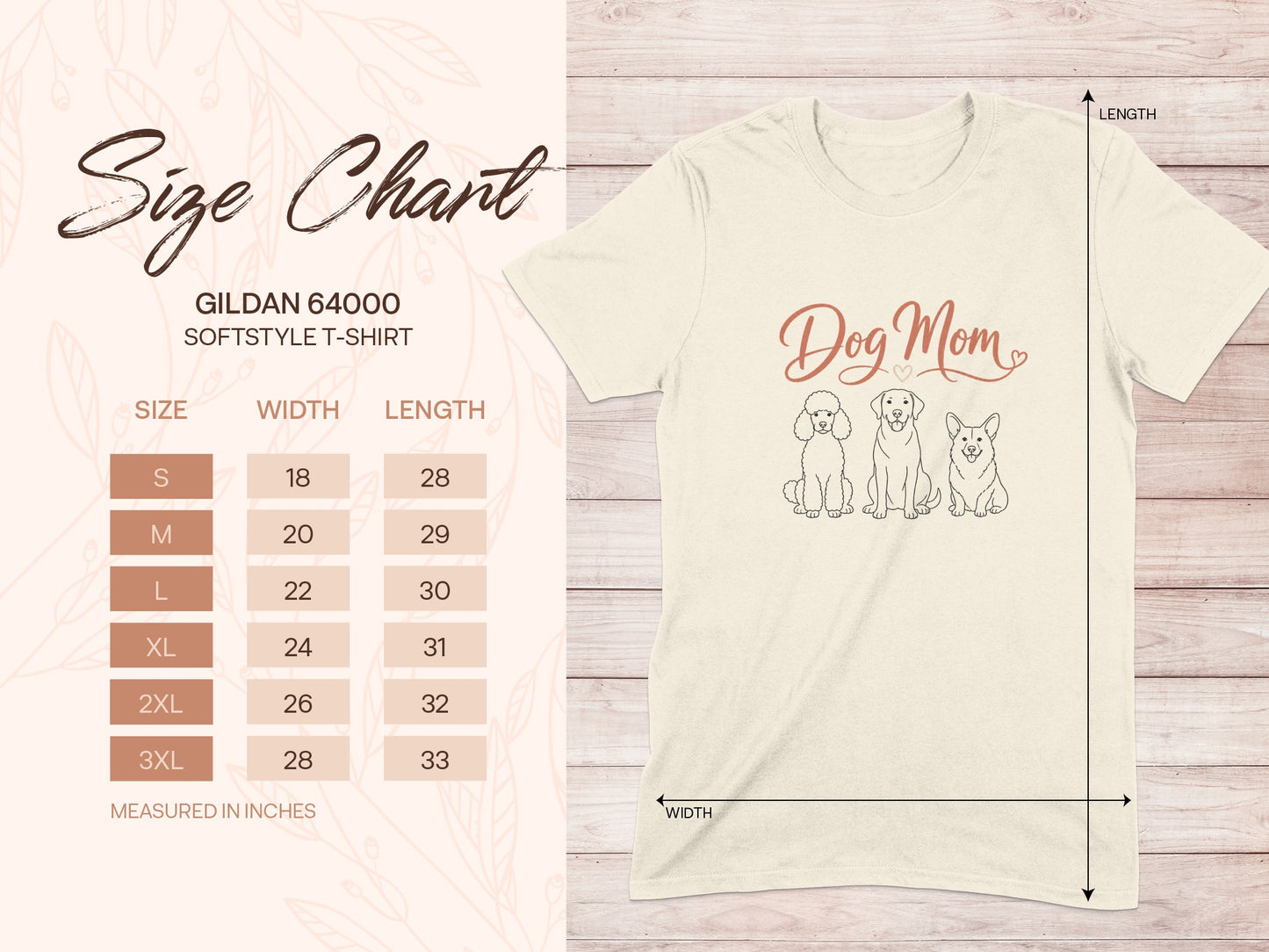 Dog Mom Gildan 64000 size chart with width and length in inches.