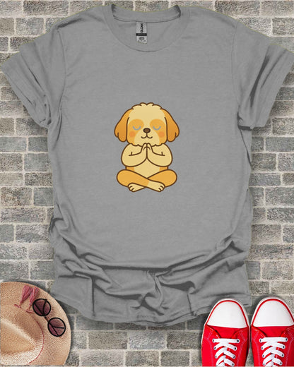 Gray t-shirt with a cartoon dog meditating in a lotus pose.