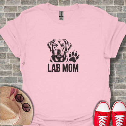 Pink t-shirt with "LAB MOM" text and a Labrador dog head with paw print.