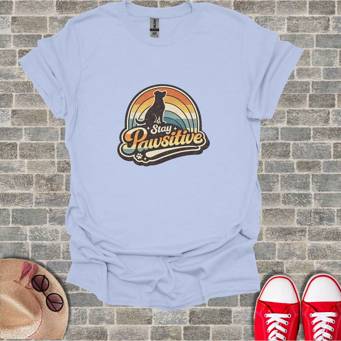Stay Pawsitive Dog Rainbow Graphic Light Blue T-shirt product type