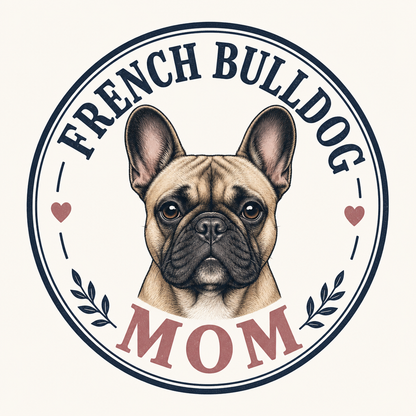 French Bulldog Mom emblem with dog portrait, hearts, and leaves.