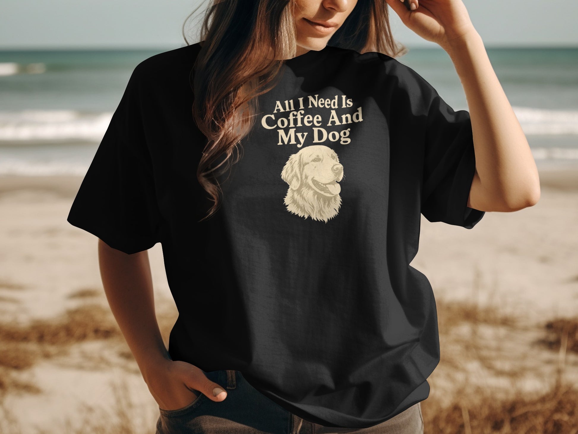 Black t-shirt with text "All I Need Is Coffee And My Dog" and a golden retriever illustration.