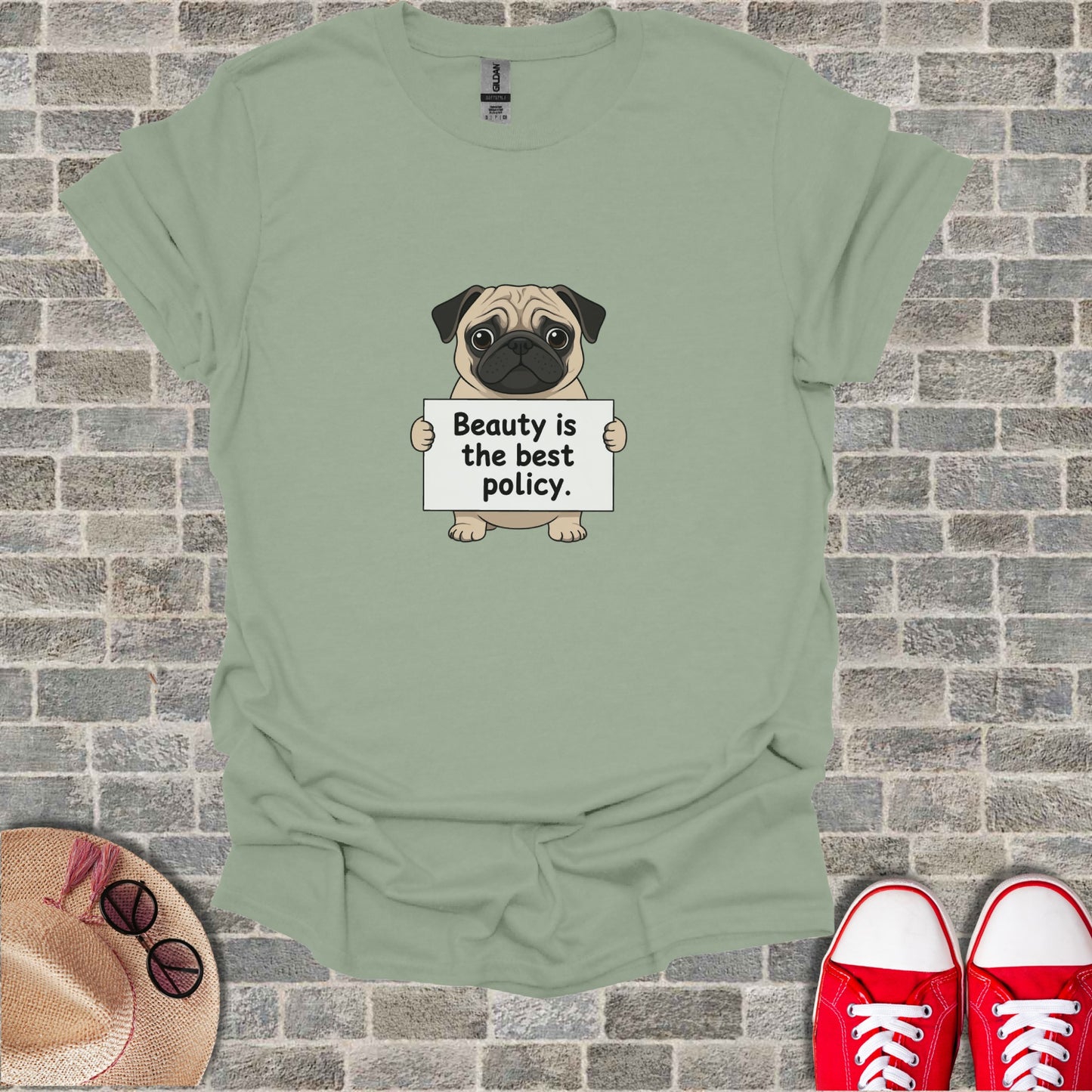 Pug holding a sign that reads "Beauty is the best policy."