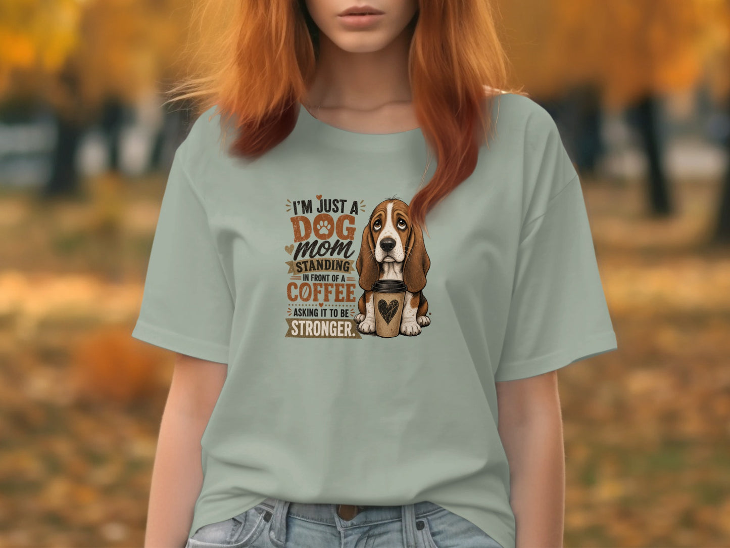 T-shirt with a dog mom and coffee graphic and text.