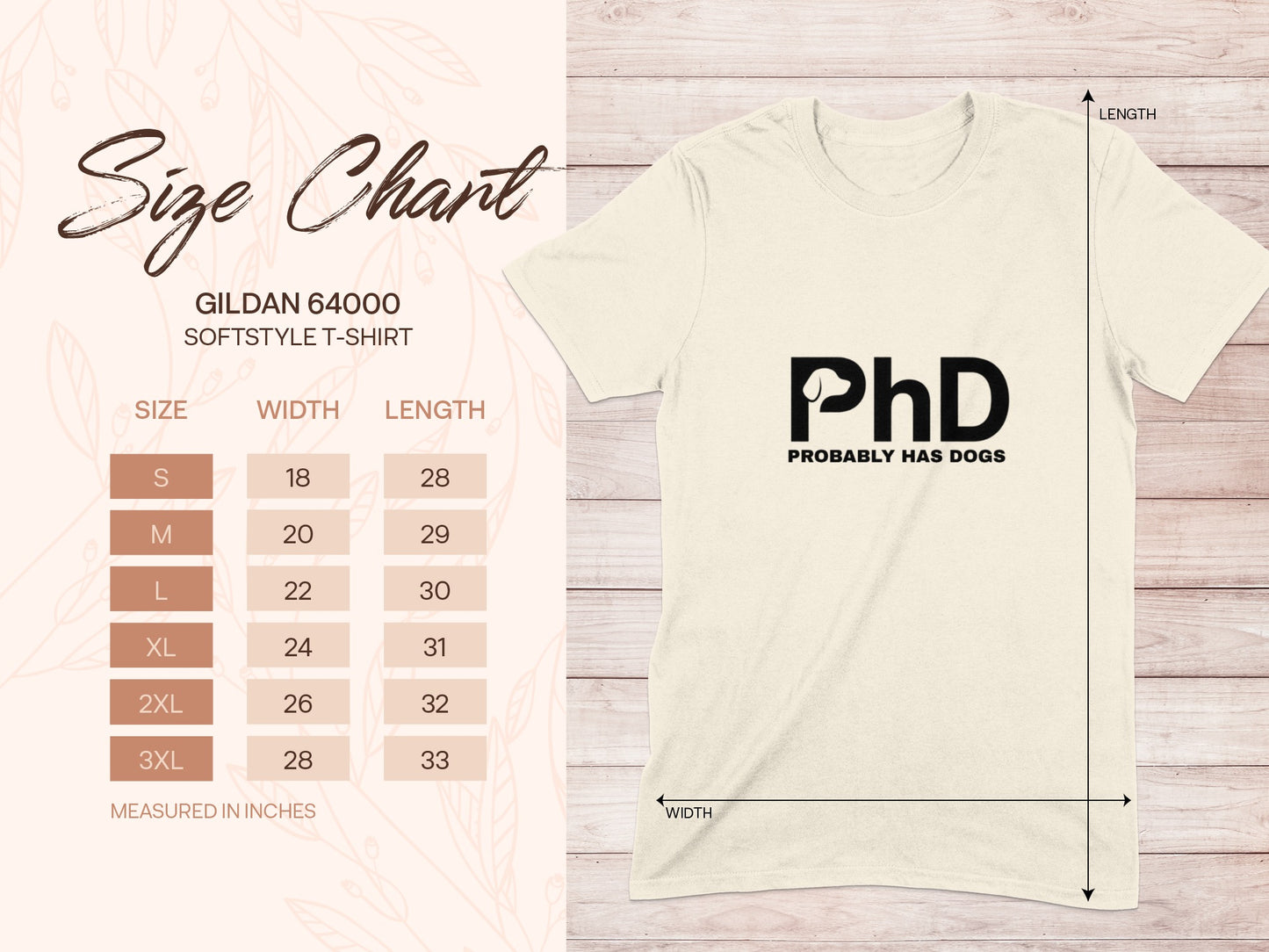 Gildan 64000 Softstyle T-shirt size chart with measurements and "PhD PROBABLY HAS DOGS" graphic.