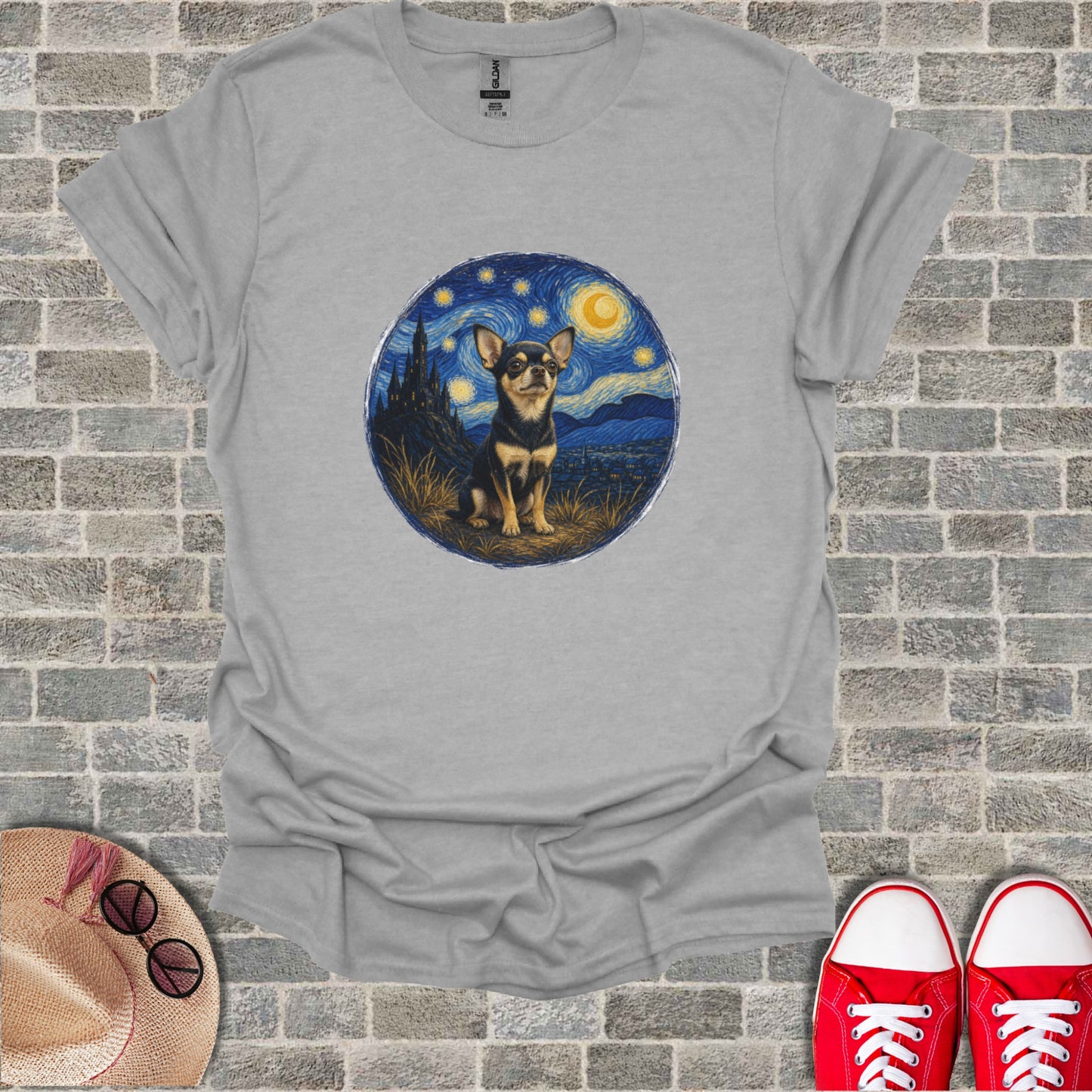 Chihuahua in Van Gogh's Starry Night painting on gray t-shirt.