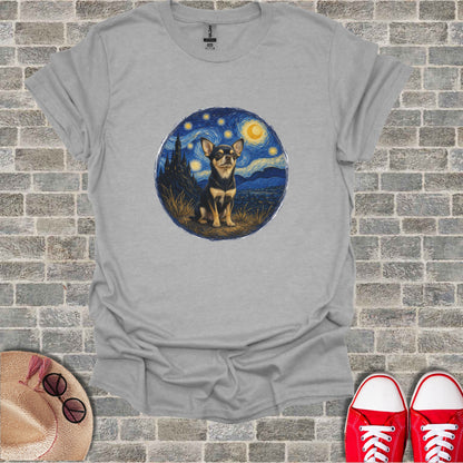 Chihuahua in Van Gogh's Starry Night painting on gray t-shirt.