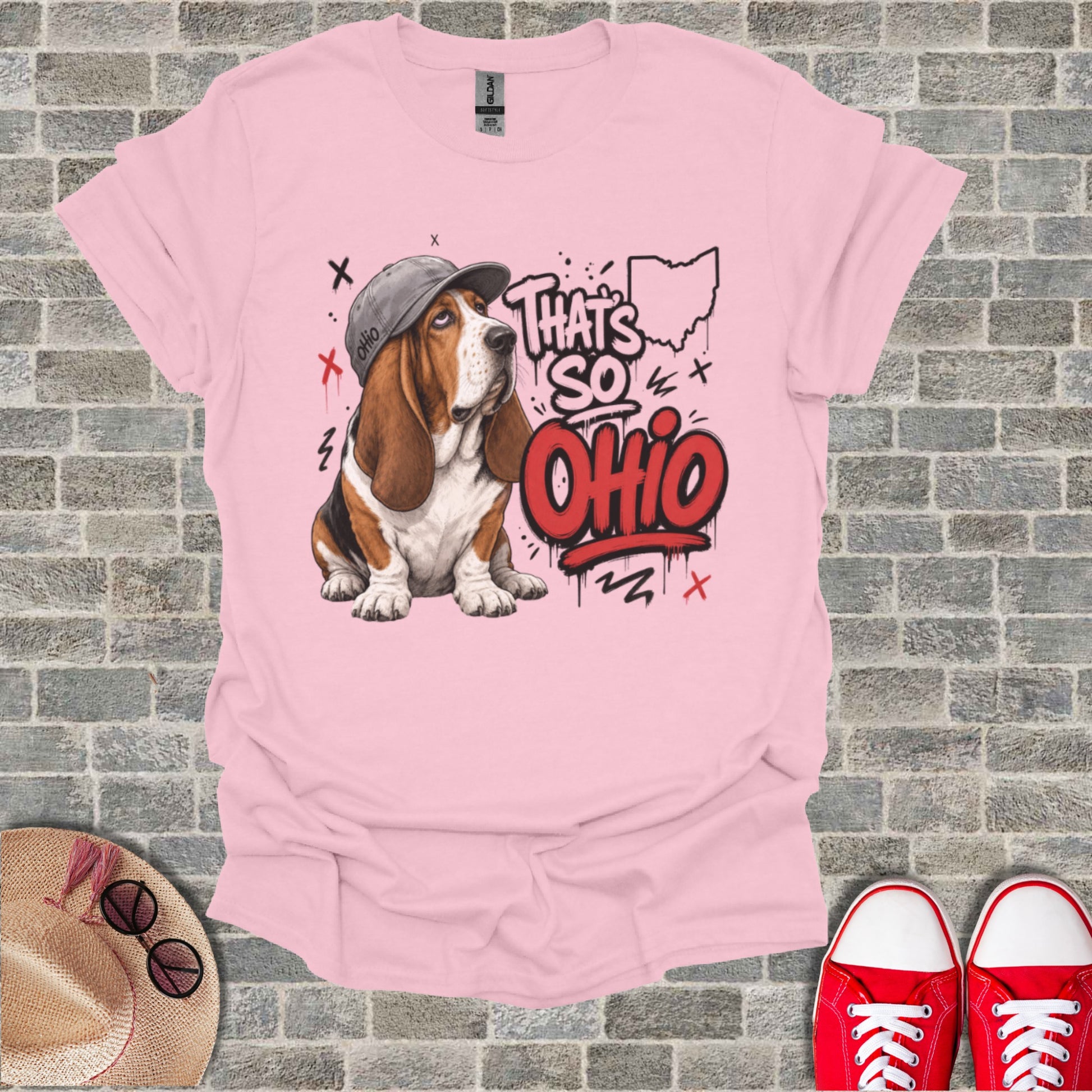 Basset hound wearing a hat sits next to "That's So Ohio" text graphic.