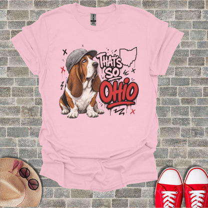 Basset hound wearing a hat sits next to "That's So Ohio" text graphic.