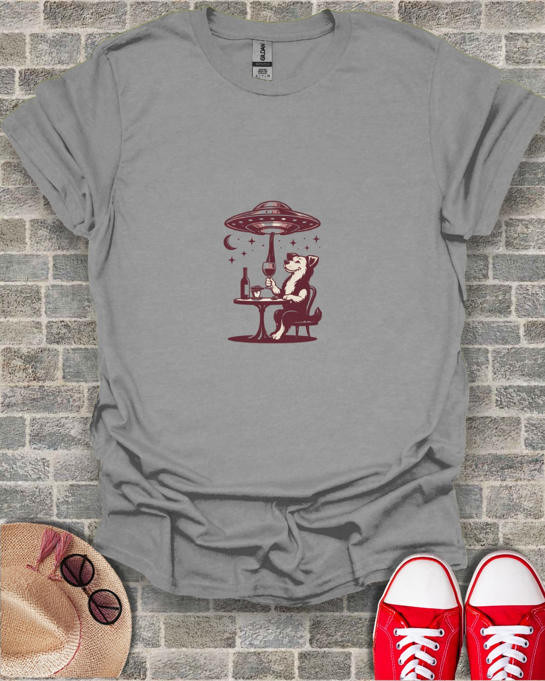 Alien Spaceship Dog Enjoying Wine Graphic Tee