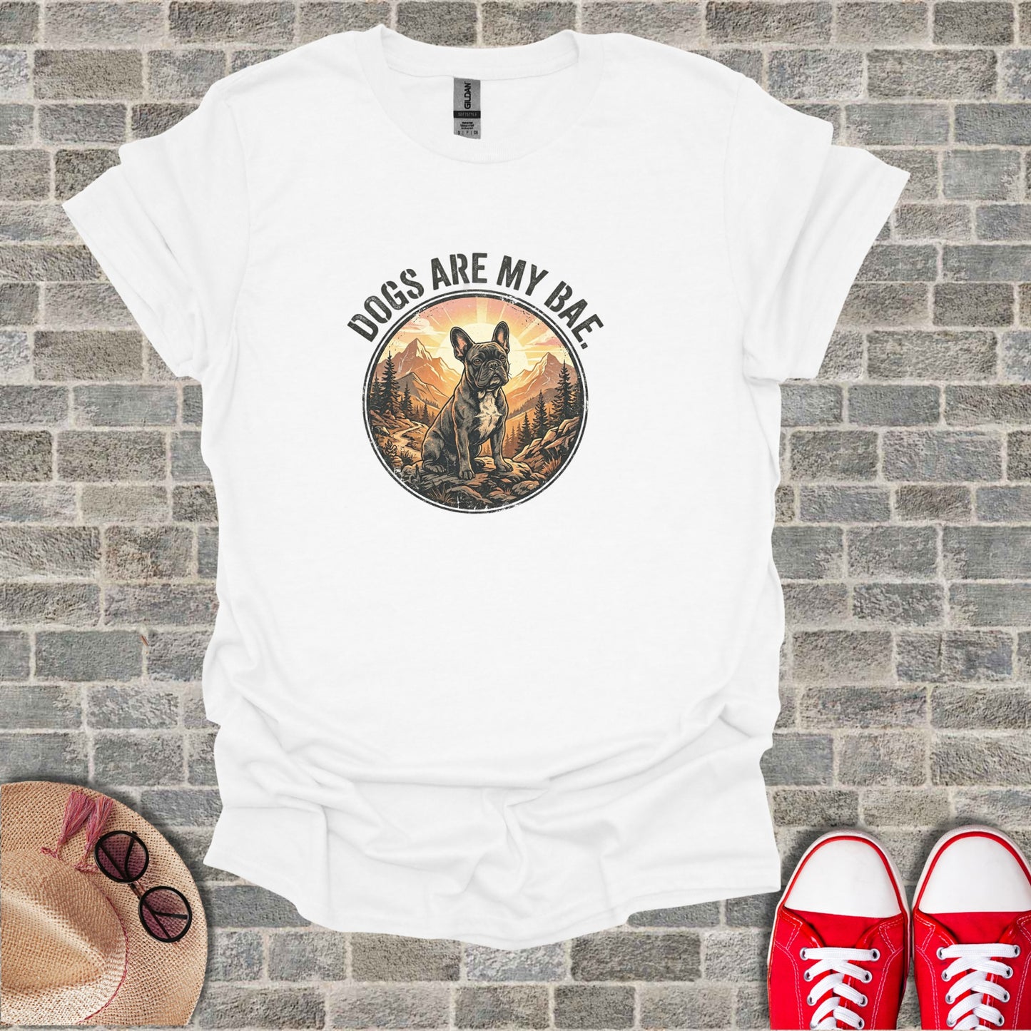 White t-shirt with a French bulldog illustration and "Dogs Are My Bae" text.
