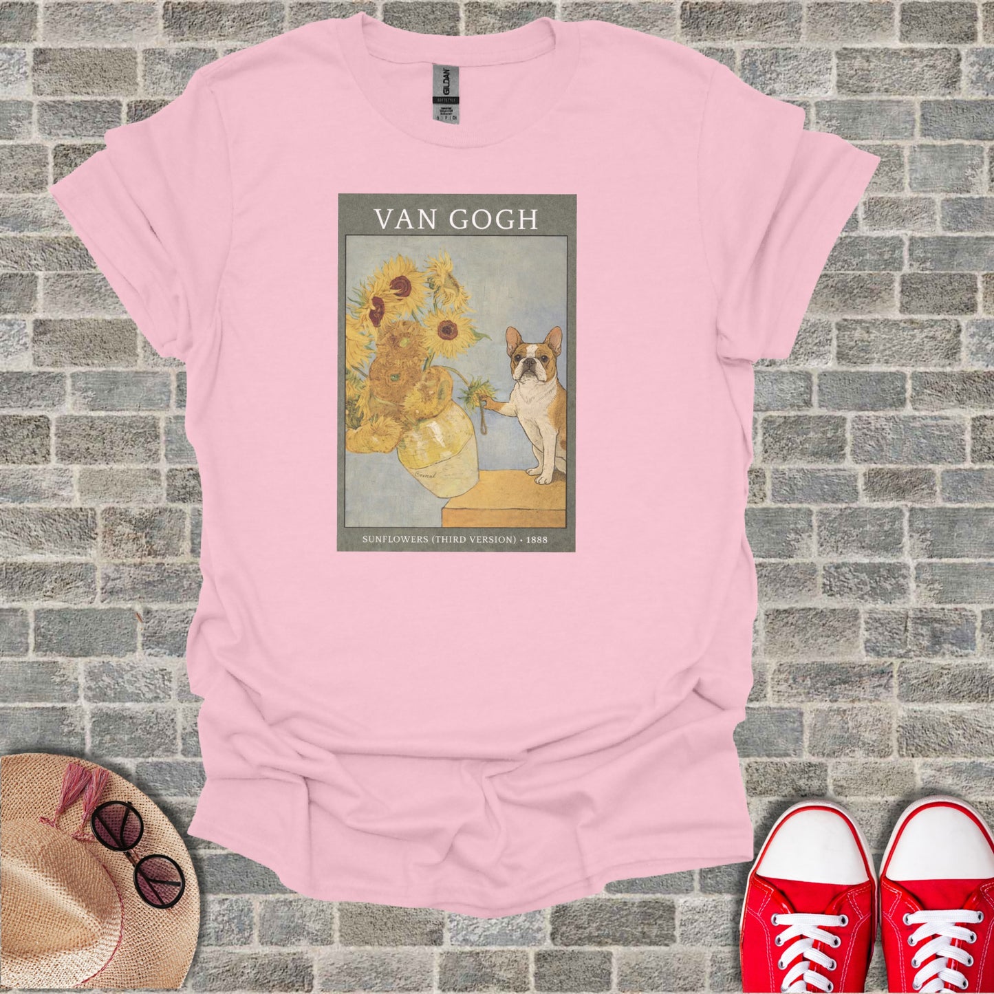 Van Gogh's Sunflowers painting on a pink t-shirt with a French bulldog.