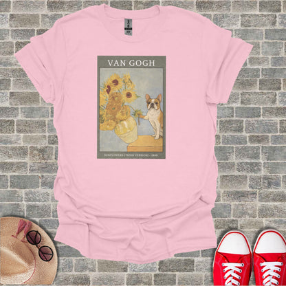 Van Gogh's Sunflowers painting on a pink t-shirt with a French bulldog.