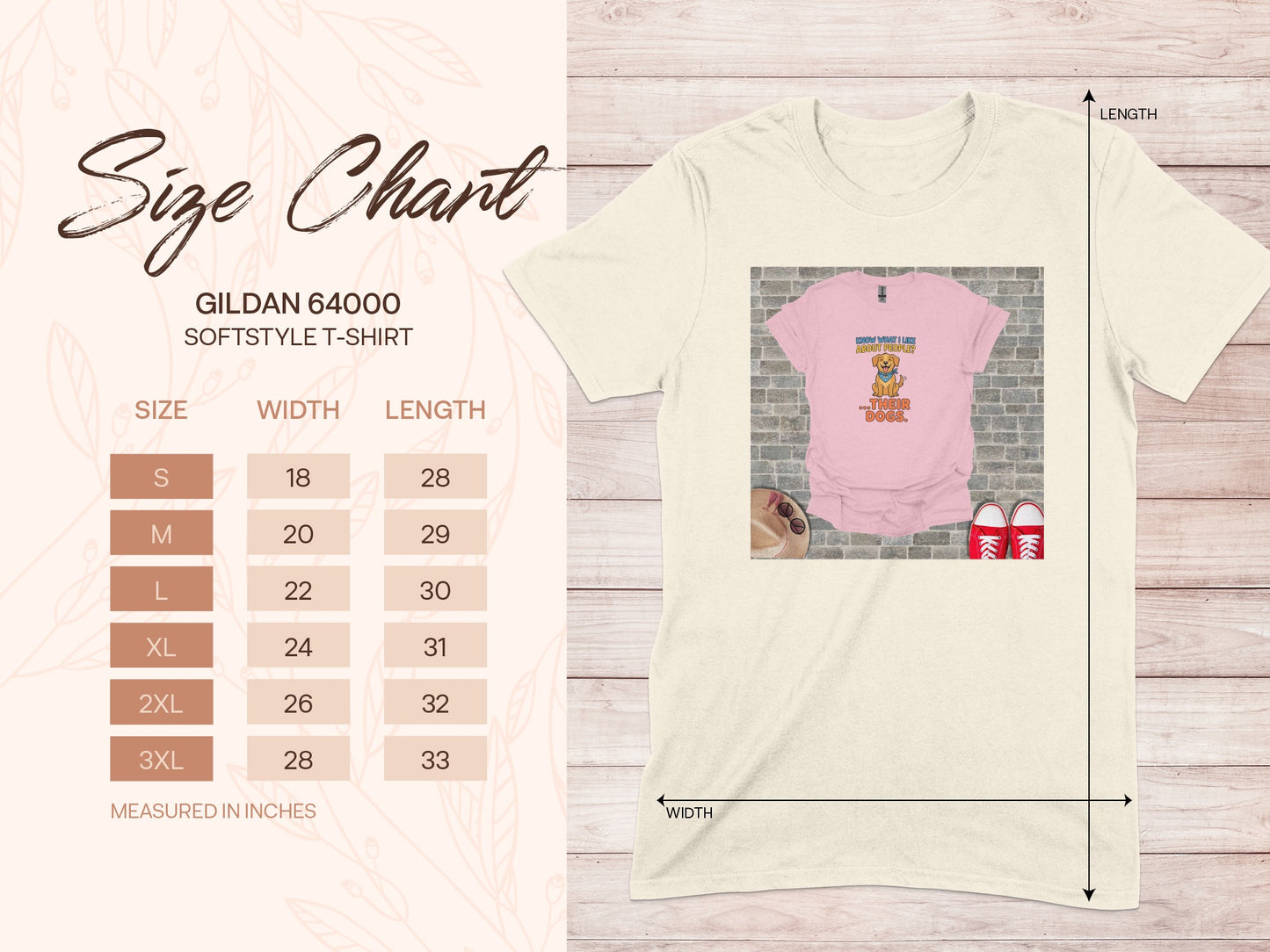 Gildan 64000 t-shirt size chart with measurements for width and length.