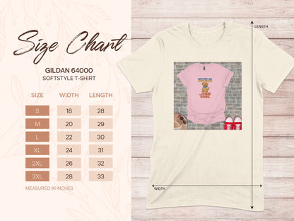 Gildan 64000 t-shirt size chart with measurements for width and length.