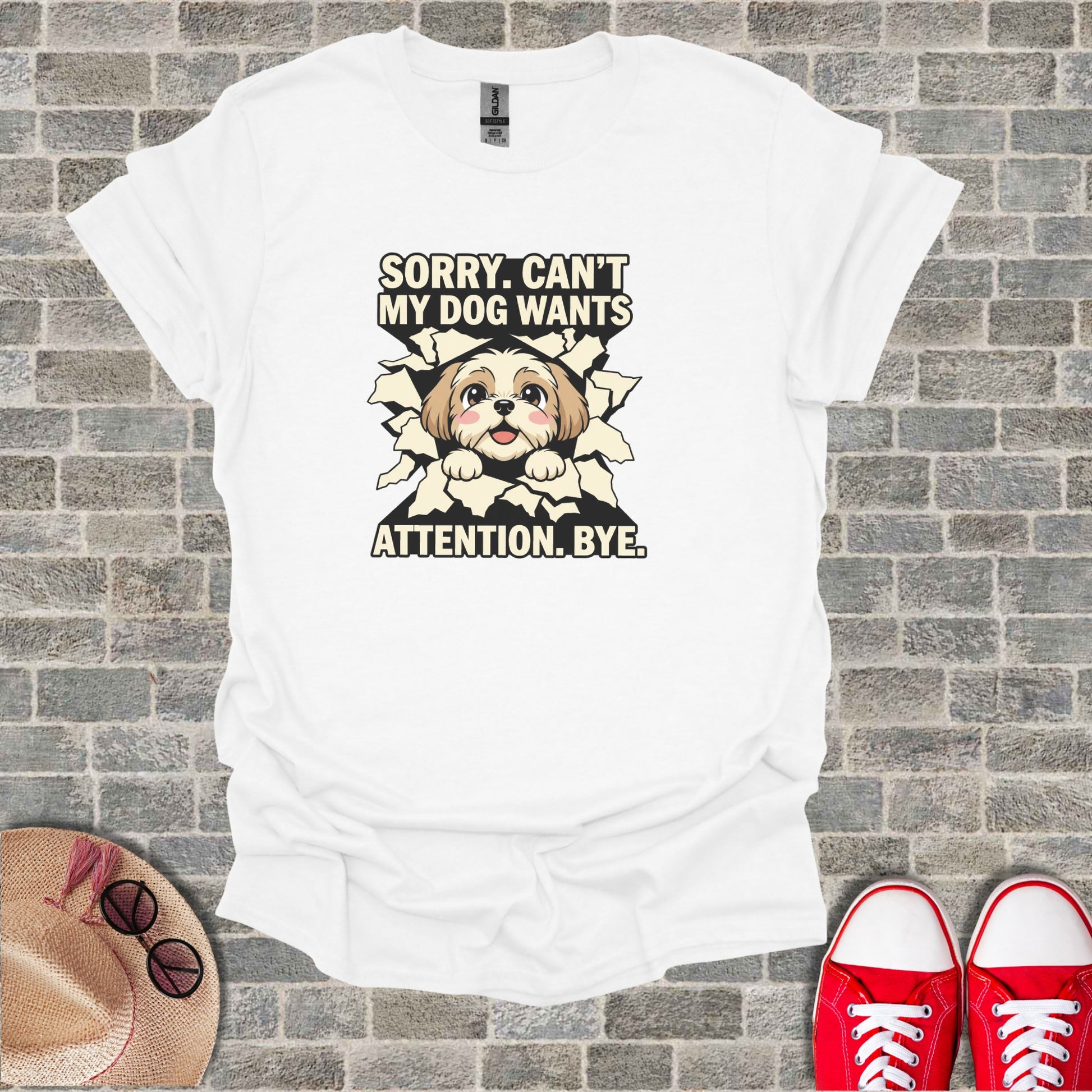 Sorry Can't My Dog Wants Attention Bye T-shirt product type
dog
cute dog
funny dog
pet lover
dog owner
cartoon dog
graphic tee
animal lover
shih tzu
maltese dog
puppy design
humorous
quote shirt
white t-shirt
short sleeve
casual apparel
novelty shirt
gift idea
dog saying
pop out design