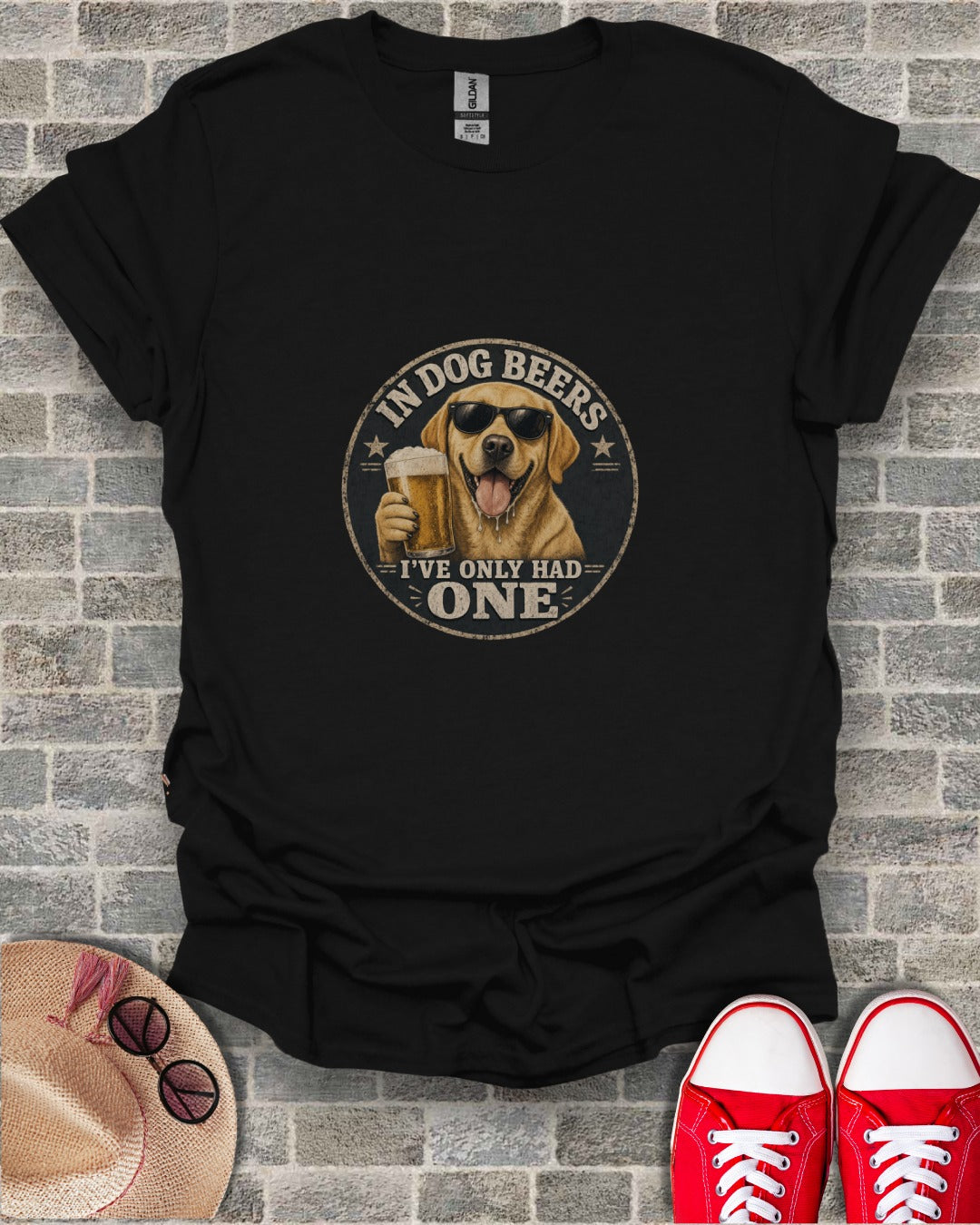 Black t-shirt with a Labrador retriever wearing sunglasses and holding a beer.