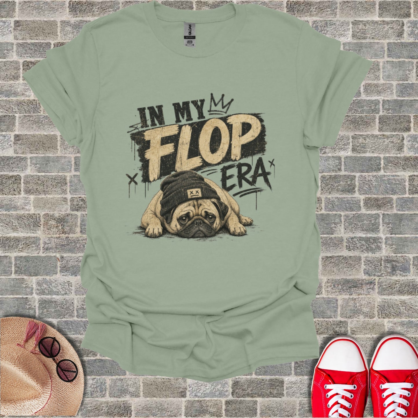 Light green t-shirt with "In My Flop Era" and a pug graphic.